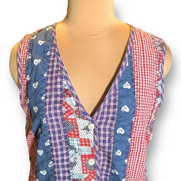 Vintage 90s Vest Tailored Suit Blue Red Heart Gingham Checkered Chambray Denim - Picture 3 of 10